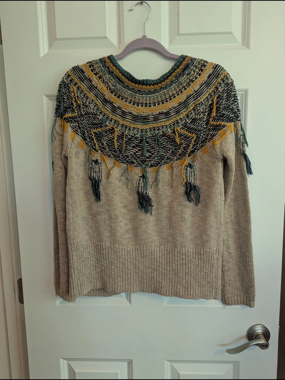 gimmicks by BKE Cream Cardigan with Teal and Mustard Fringe - Picture 3 of 5